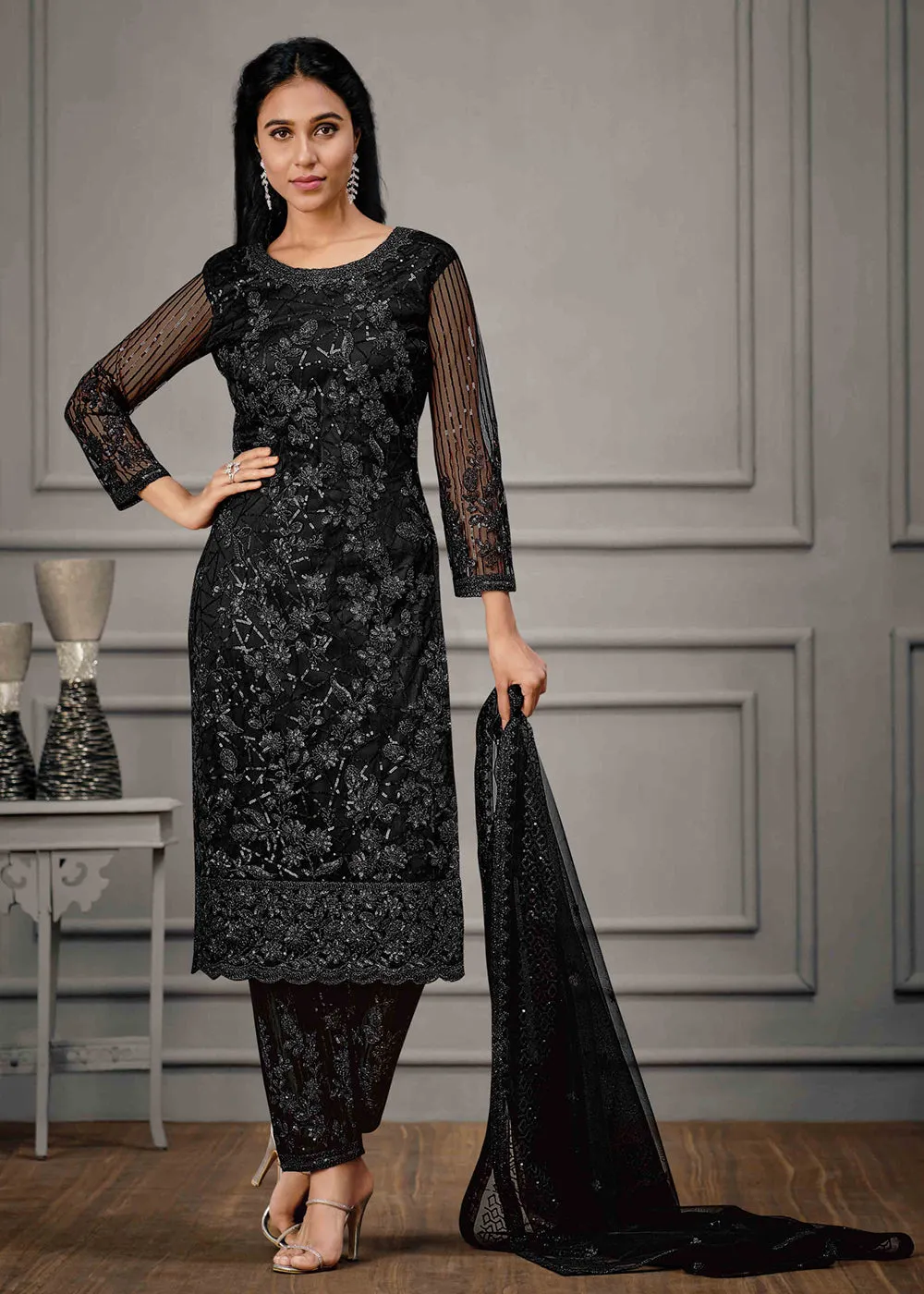Tempting Black Wedding Wear Net Embroidered Salwar Suit