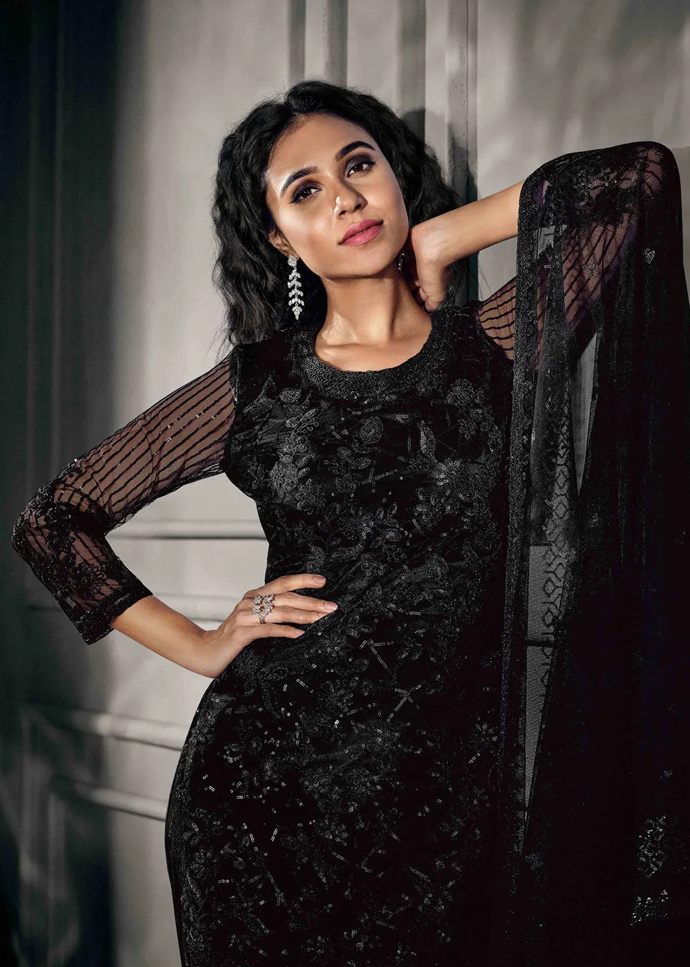 Tempting Black Wedding Wear Net Embroidered Salwar Suit