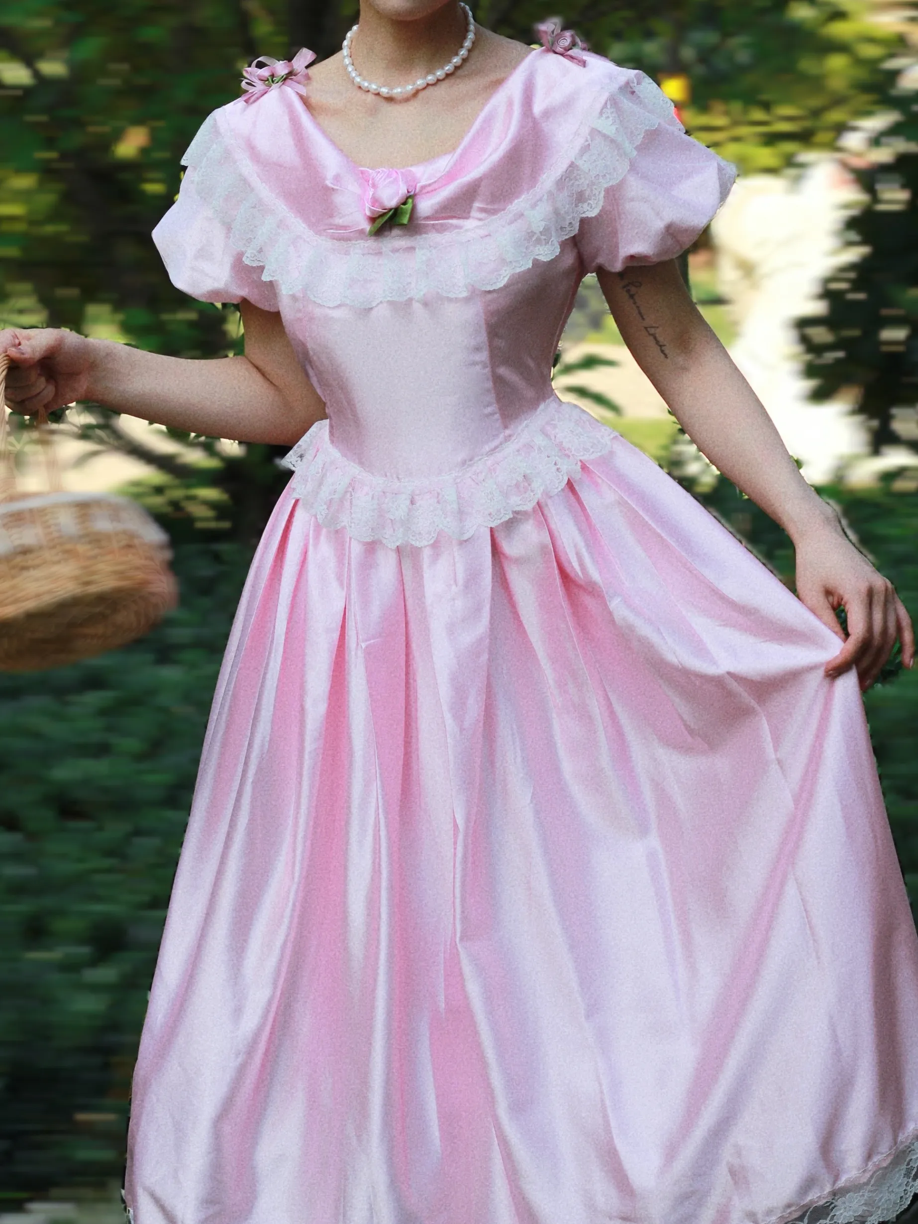 Victorian Pink Satin Tea Party Dress