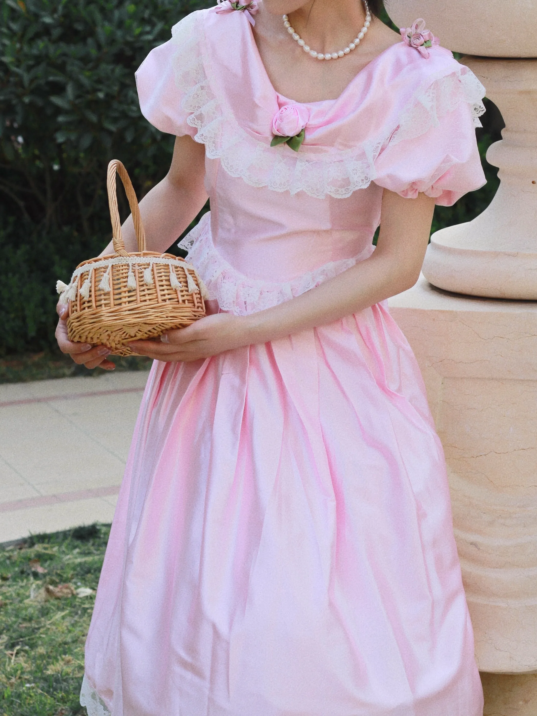Victorian Pink Satin Tea Party Dress