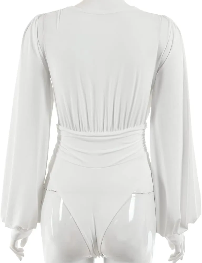 Weigou Women Jumpsuits Long Sleeve V Neck Pleated Loose Bodysuits Tops For Women Leotard Shirts
