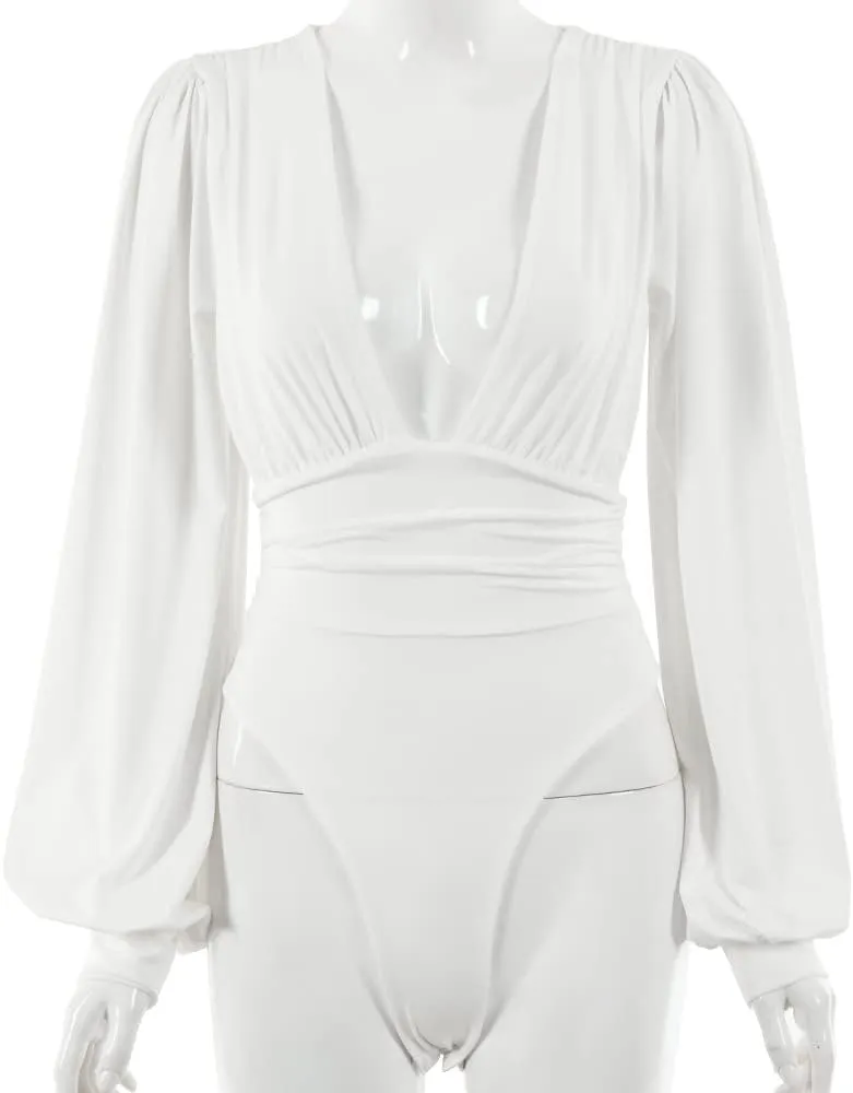 Weigou Women Jumpsuits Long Sleeve V Neck Pleated Loose Bodysuits Tops For Women Leotard Shirts