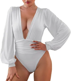 Weigou Women Jumpsuits Long Sleeve V Neck Pleated Loose Bodysuits Tops For Women Leotard Shirts