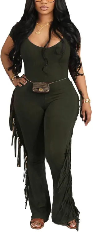 WOKANSE Women's Sexy Solid Bodycon V Neck Fringe Short Sleeve Bell Bottom Long Pants Jumpsuit Romper