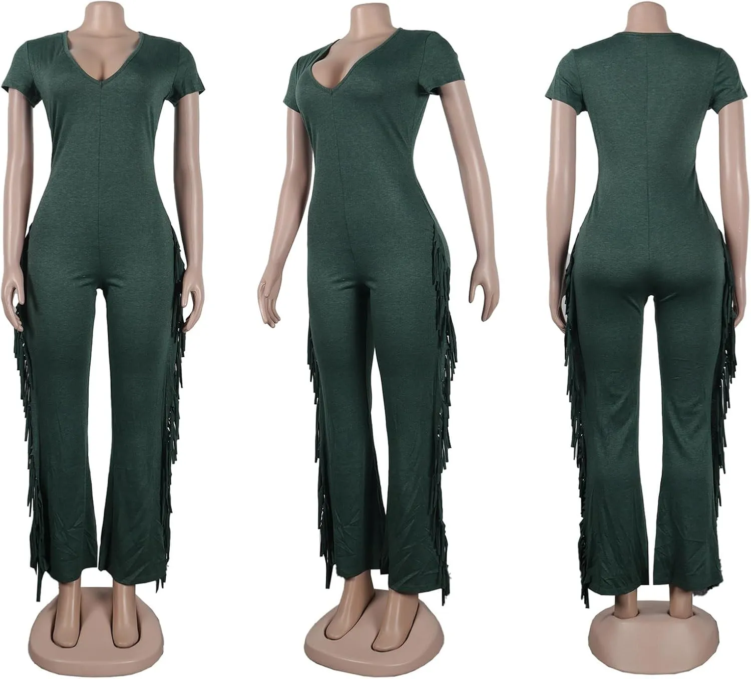 WOKANSE Women's Sexy Solid Bodycon V Neck Fringe Short Sleeve Bell Bottom Long Pants Jumpsuit Romper