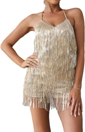 Women Halter Tassel Fringe Romper Layered Fringe Mini Dress Sexy Backless Short Jumpsuit Playsuit Disco Birthday Dance Outfit