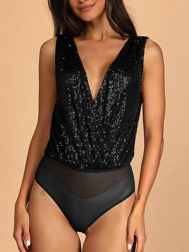 Women's Bodysuit Sequin Solid Color Deep V Formal Party Cocktail Party Regular Fit Sleeveless Silver Black Blue S M L Summer