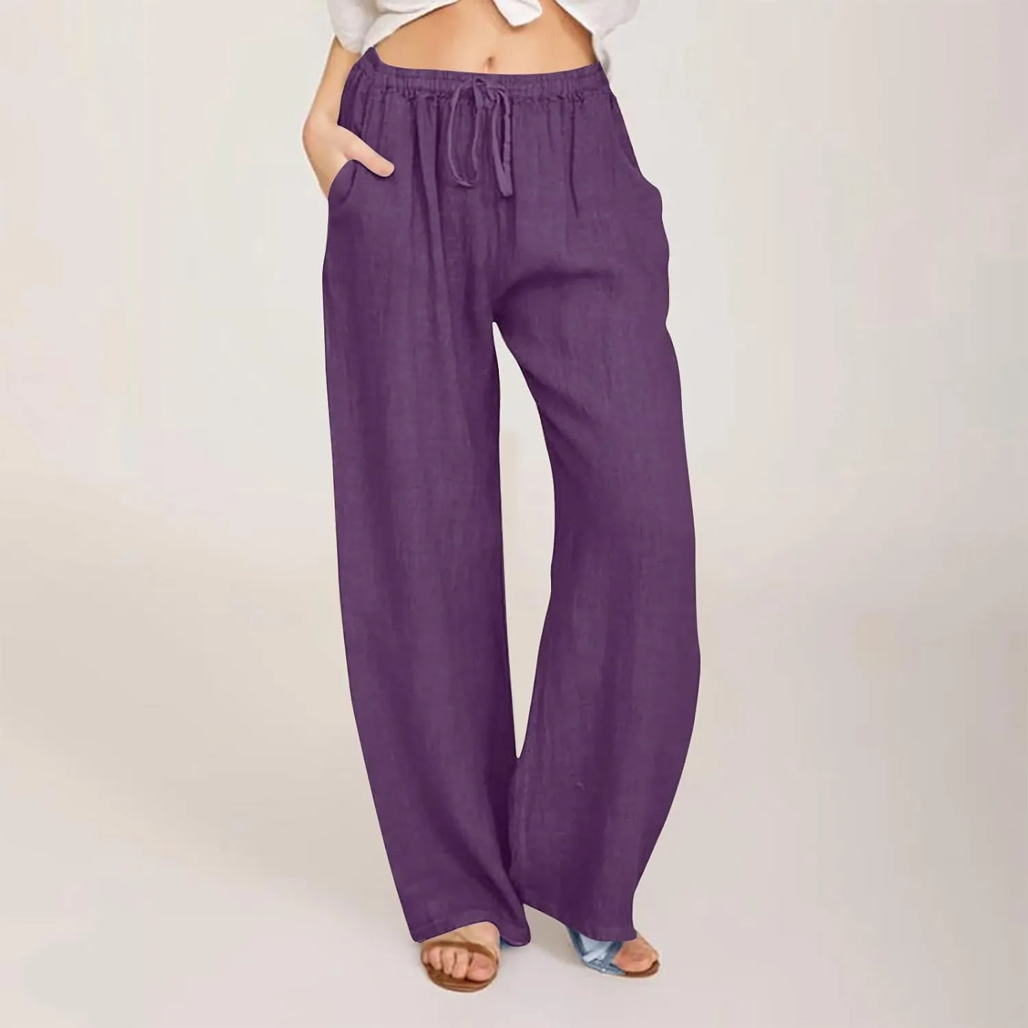Women's Casual Cotton Linen Pants Solid Drawstring Waist Long Pants Loose Comfy Lightweight Trousers with Pockets