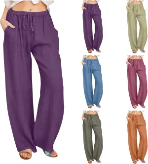 Women's Casual Cotton Linen Pants Solid Drawstring Waist Long Pants Loose Comfy Lightweight Trousers with Pockets