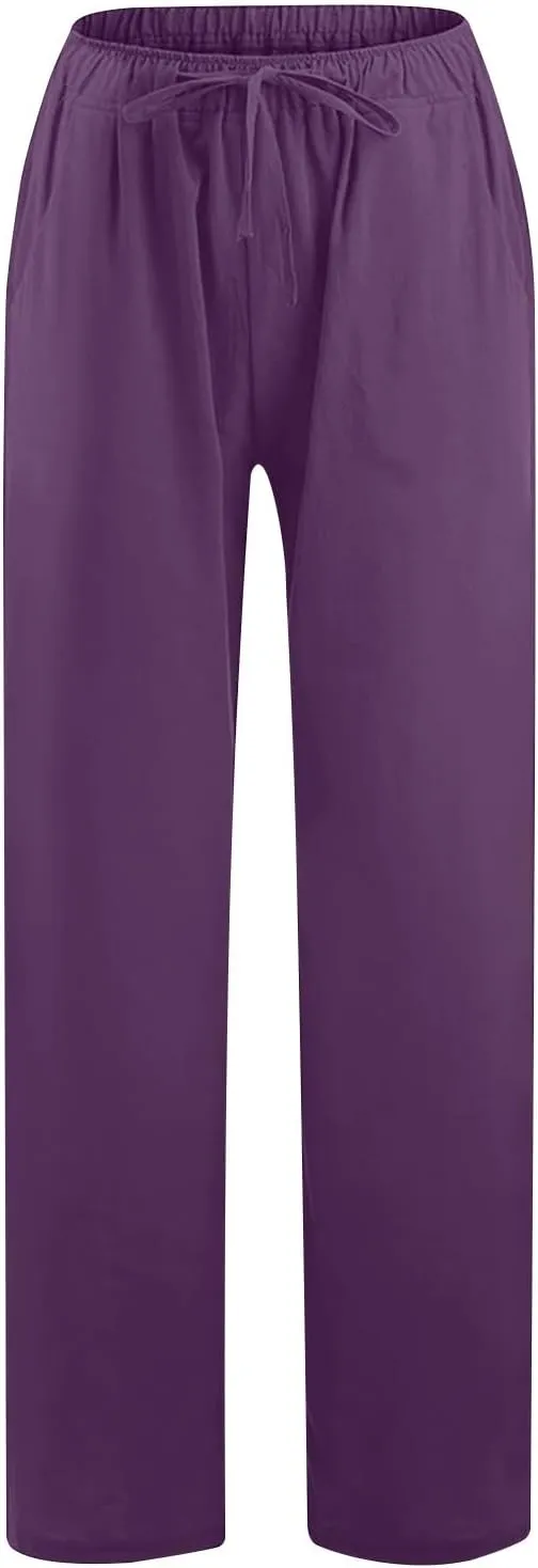 Women's Casual Cotton Linen Pants Solid Drawstring Waist Long Pants Loose Comfy Lightweight Trousers with Pockets