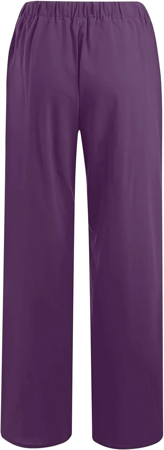 Women's Casual Cotton Linen Pants Solid Drawstring Waist Long Pants Loose Comfy Lightweight Trousers with Pockets