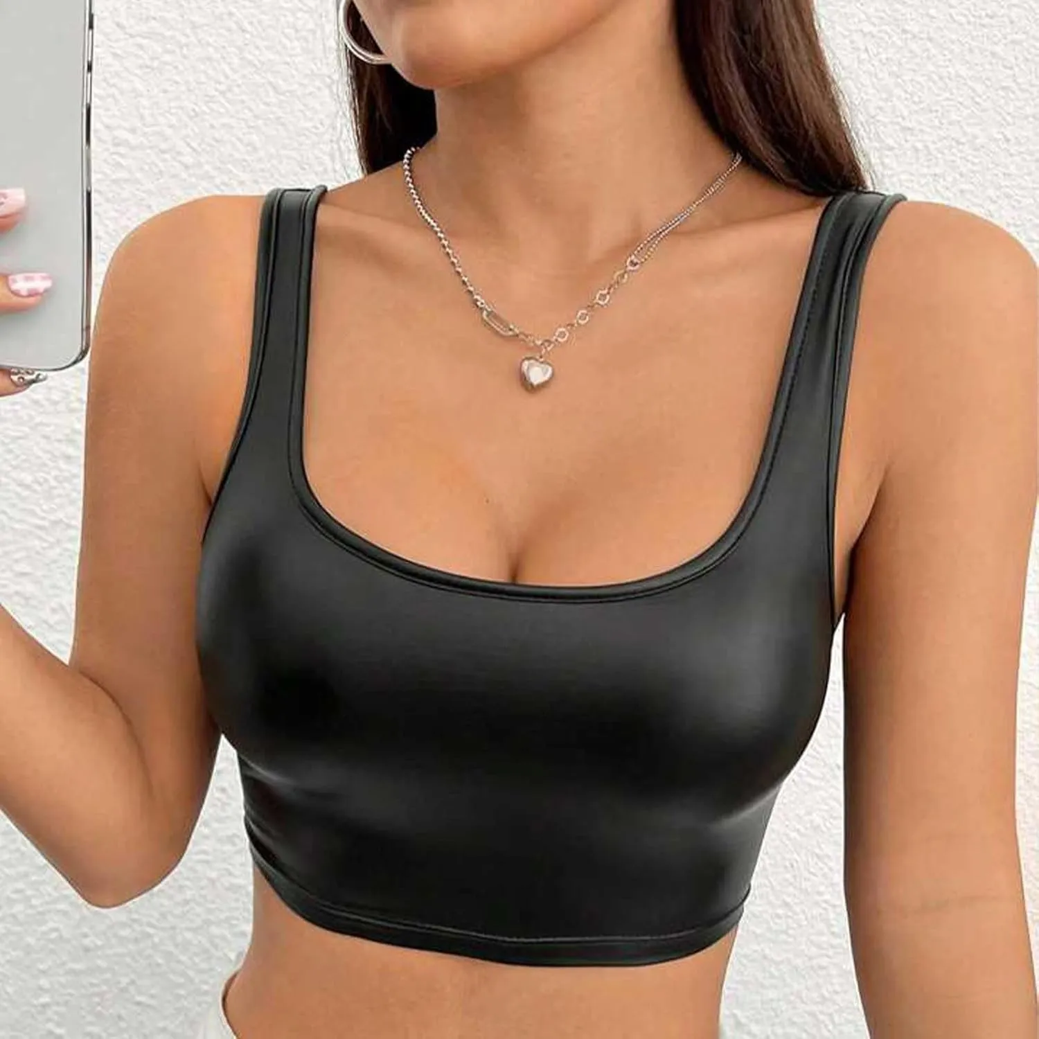 Women's Faux PU Leather U Neck Sleeveless Spaghetti Strap Clubwear Shiny Metallic Crop Cami Tank Top