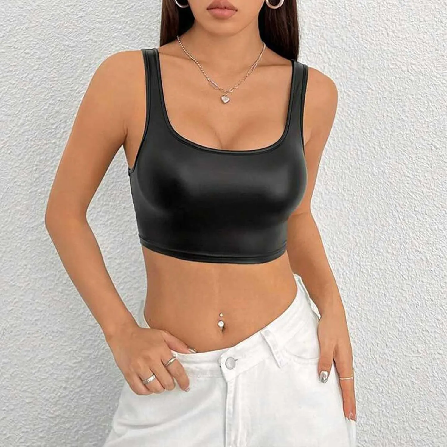 Women's Faux PU Leather U Neck Sleeveless Spaghetti Strap Clubwear Shiny Metallic Crop Cami Tank Top
