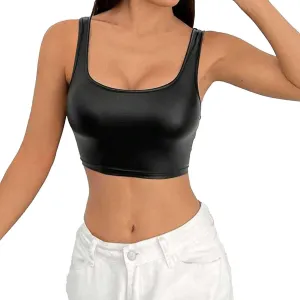 Women's Faux PU Leather U Neck Sleeveless Spaghetti Strap Clubwear Shiny Metallic Crop Cami Tank Top