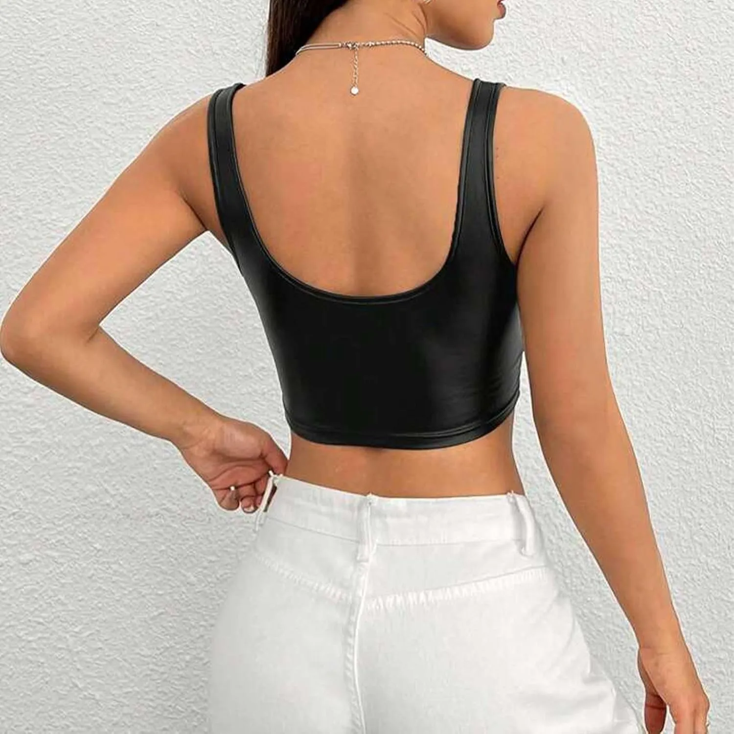 Women's Faux PU Leather U Neck Sleeveless Spaghetti Strap Clubwear Shiny Metallic Crop Cami Tank Top
