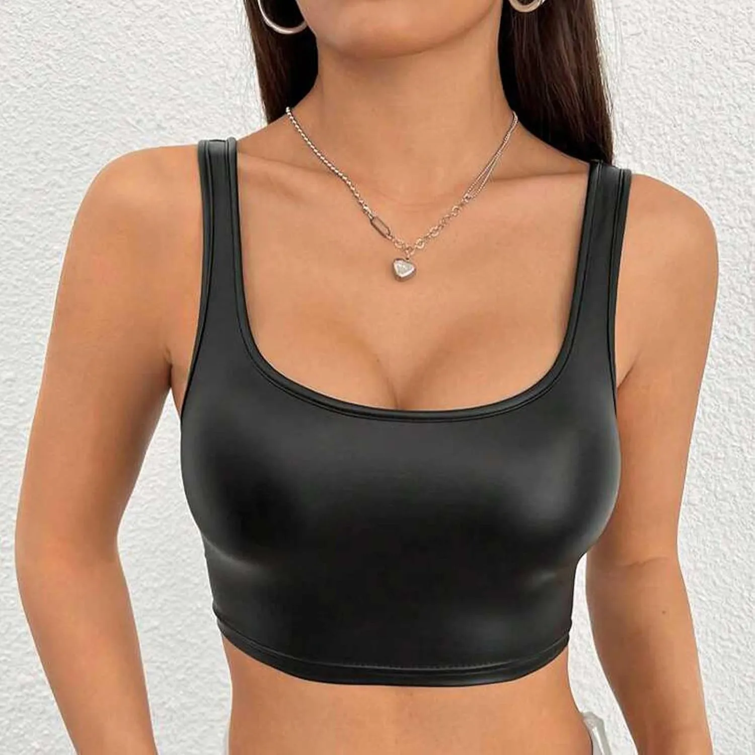 Women's Faux PU Leather U Neck Sleeveless Spaghetti Strap Clubwear Shiny Metallic Crop Cami Tank Top