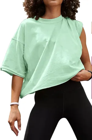 Women's Oversize Workout Crop Tops Casual Short Sleeve Drop Shoulder Boxy T-Shirts Roll Hem Basic Loose Yoga Running Tees