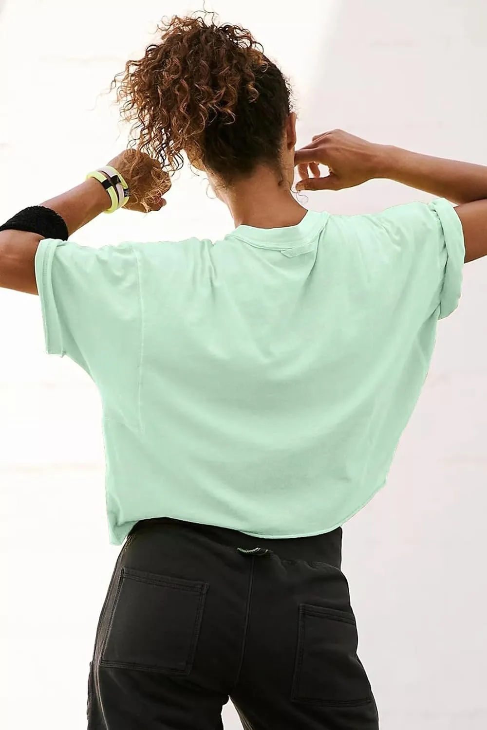 Women's Oversize Workout Crop Tops Casual Short Sleeve Drop Shoulder Boxy T-Shirts Roll Hem Basic Loose Yoga Running Tees