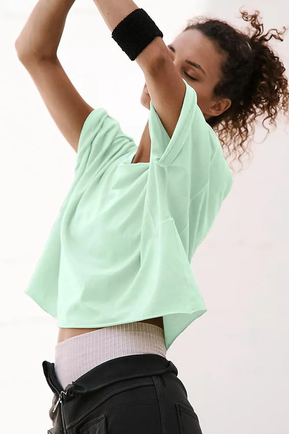 Women's Oversize Workout Crop Tops Casual Short Sleeve Drop Shoulder Boxy T-Shirts Roll Hem Basic Loose Yoga Running Tees