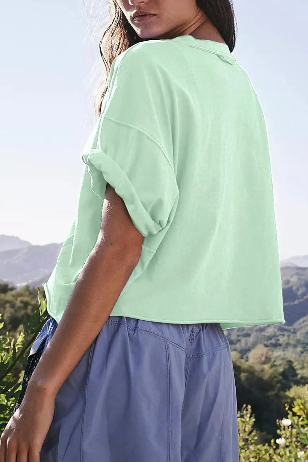 Women's Oversize Workout Crop Tops Casual Short Sleeve Drop Shoulder Boxy T-Shirts Roll Hem Basic Loose Yoga Running Tees