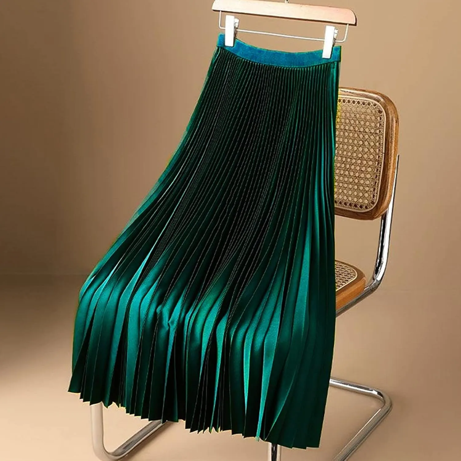 Women's Satin Metallic Pleated Skirt High Waist Flare Swing A Line Flowy Midi Long Casual Summer Party Skirt