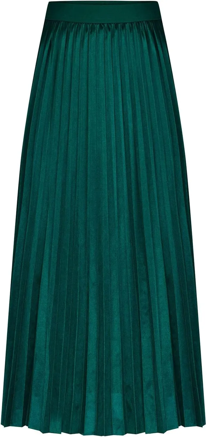 Women's Satin Metallic Pleated Skirt High Waist Flare Swing A Line Flowy Midi Long Casual Summer Party Skirt