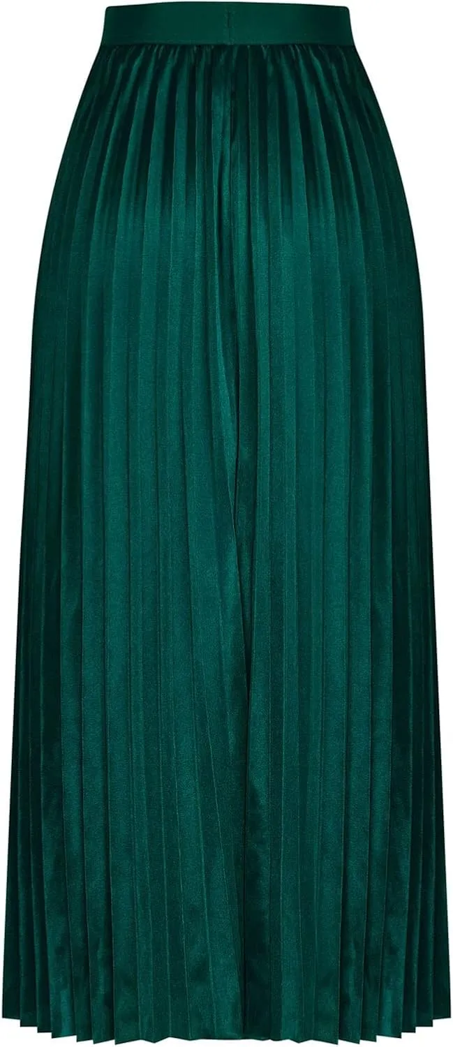 Women's Satin Metallic Pleated Skirt High Waist Flare Swing A Line Flowy Midi Long Casual Summer Party Skirt