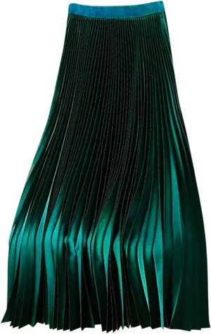 Women's Satin Metallic Pleated Skirt High Waist Flare Swing A Line Flowy Midi Long Casual Summer Party Skirt