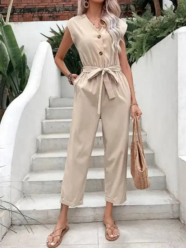 Women’s Sleeveless V-neck Women’s Cropped Waist Jumpsuit