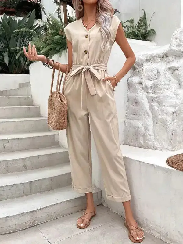 Women’s Sleeveless V-neck Women’s Cropped Waist Jumpsuit