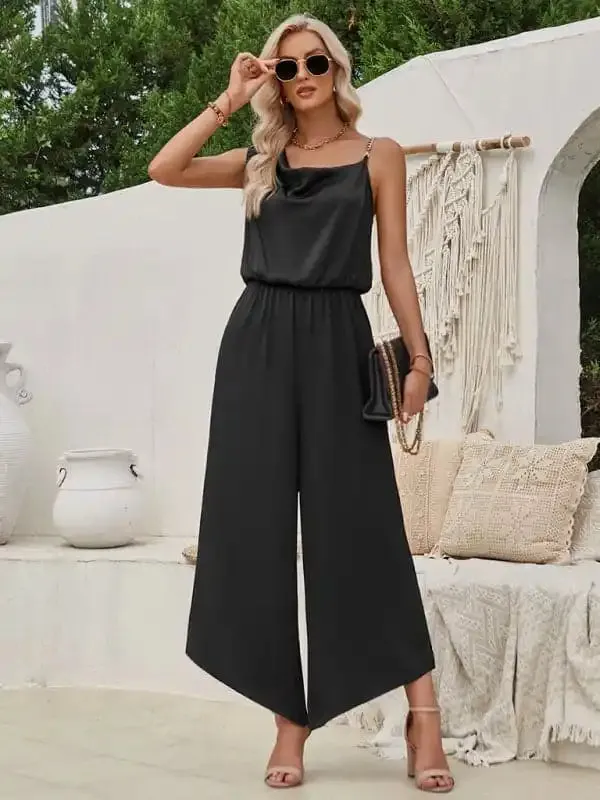 Women’s solid color suspender waist wide leg jumpsuit
