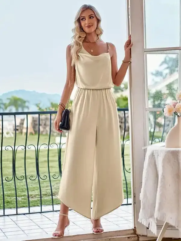 Women’s solid color suspender waist wide leg jumpsuit