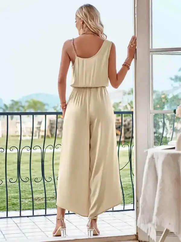 Women’s solid color suspender waist wide leg jumpsuit