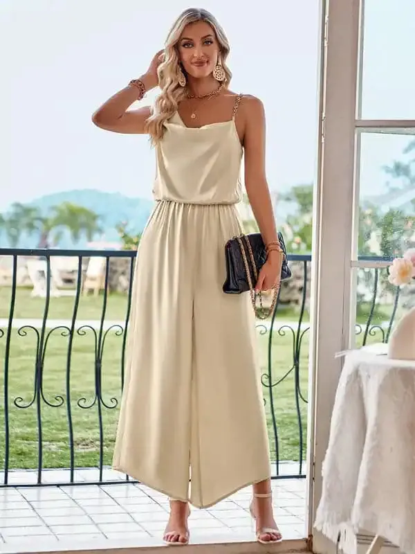 Women’s solid color suspender waist wide leg jumpsuit