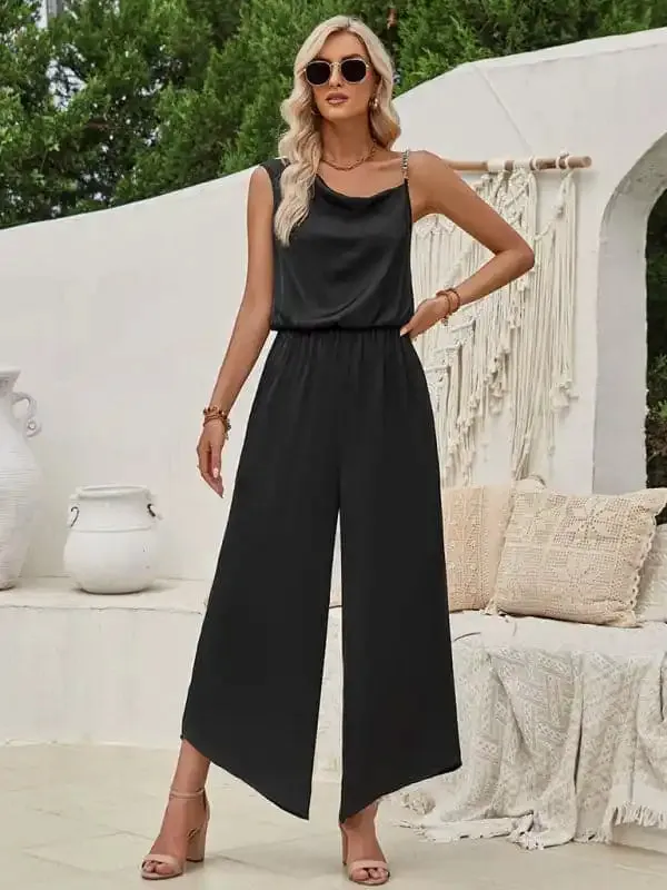 Women’s solid color suspender waist wide leg jumpsuit