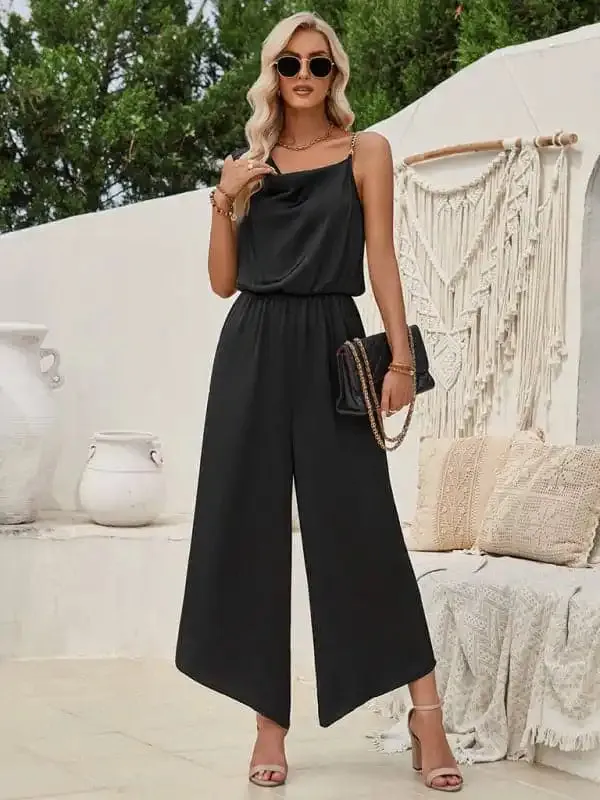 Women’s solid color suspender waist wide leg jumpsuit