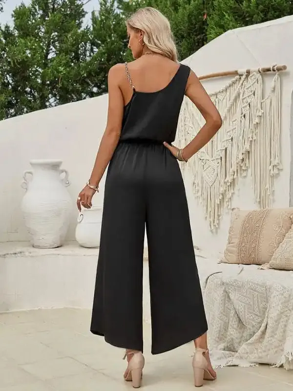Women’s solid color suspender waist wide leg jumpsuit