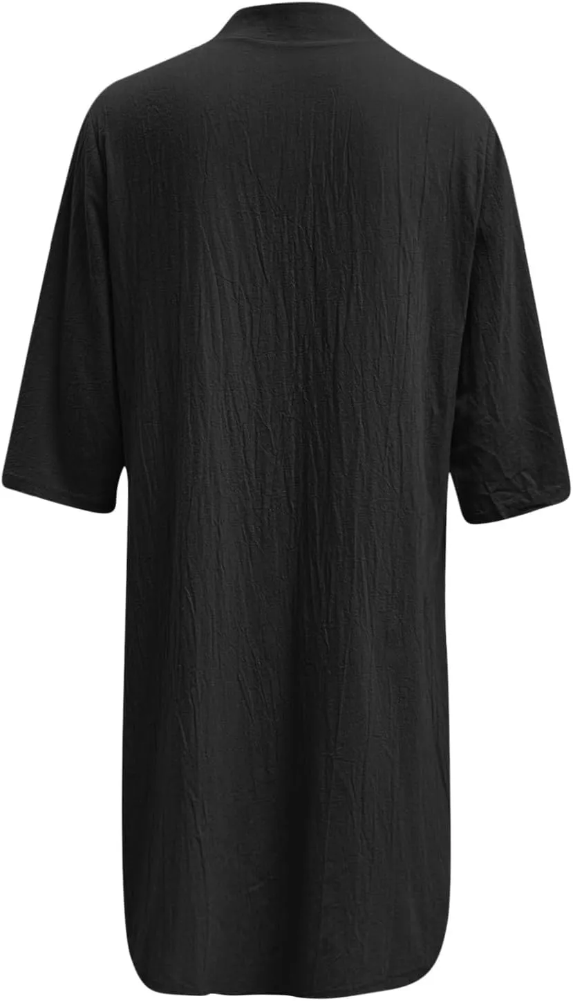 Women's Summer Cotton Linen Button Down Shirt Dress Casual Half Sleeve V Neck Knee Length Dresses Beach Midi Dresses