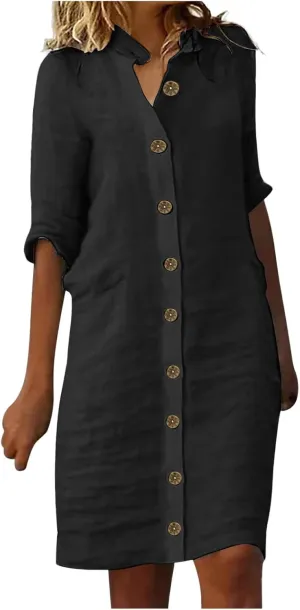 Women's Summer Cotton Linen Button Down Shirt Dress Casual Half Sleeve V Neck Knee Length Dresses Beach Midi Dresses