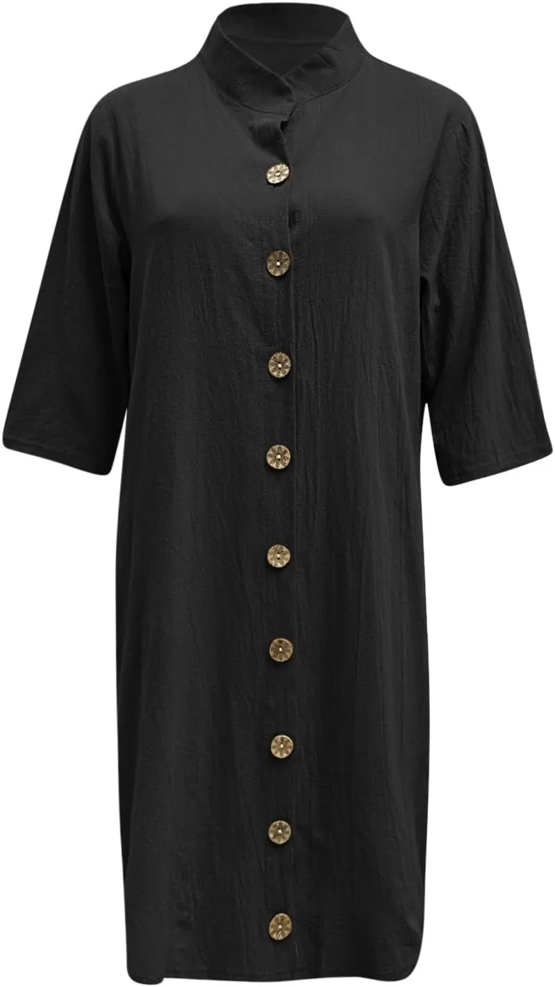 Women's Summer Cotton Linen Button Down Shirt Dress Casual Half Sleeve V Neck Knee Length Dresses Beach Midi Dresses