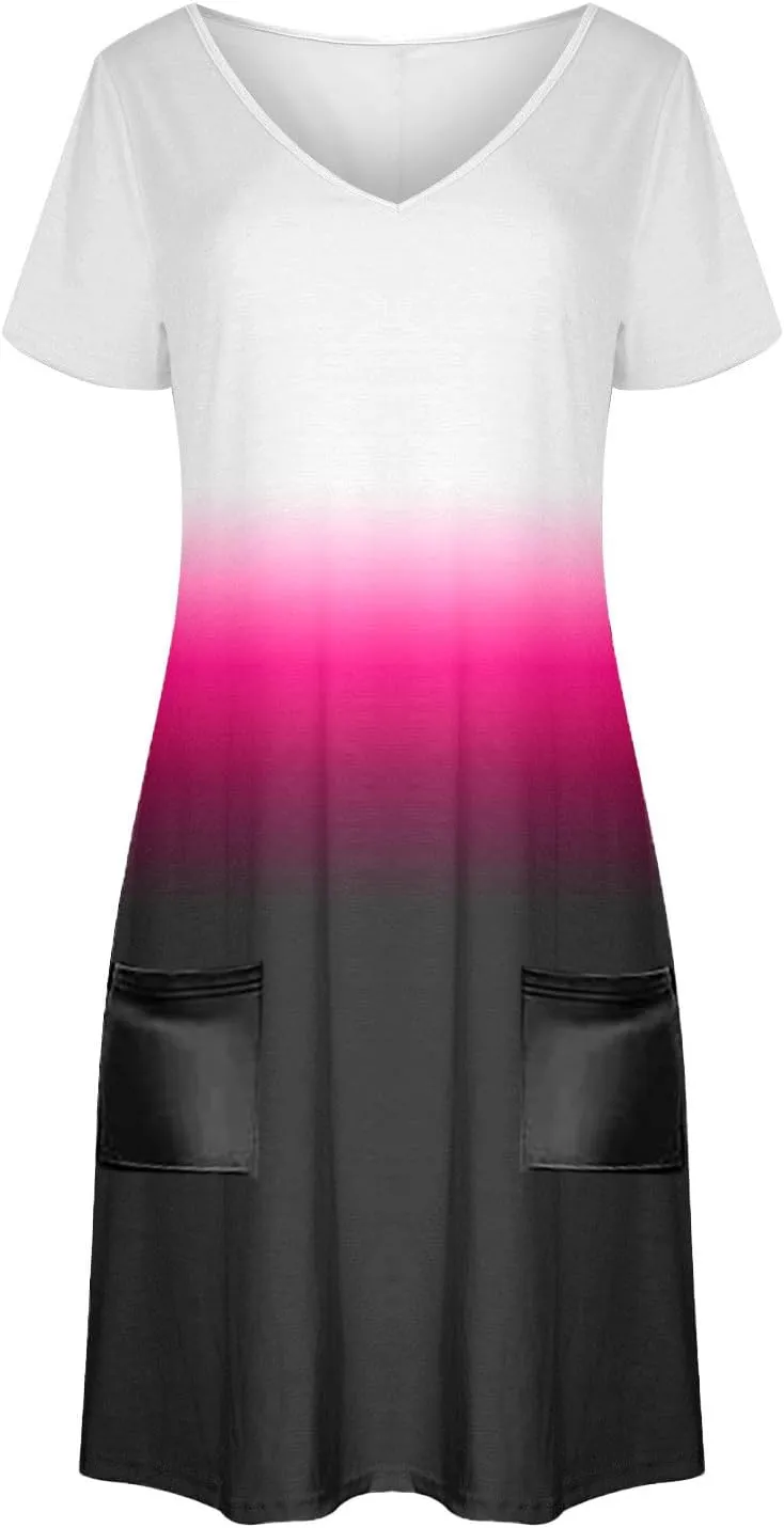 Womens Summer Dresses Fashion Casual Short Sleeve V Neck Soft Loose Flowy Short Dress Beach Sundresses with Pocket