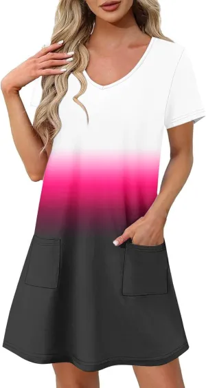 Womens Summer Dresses Fashion Casual Short Sleeve V Neck Soft Loose Flowy Short Dress Beach Sundresses with Pocket