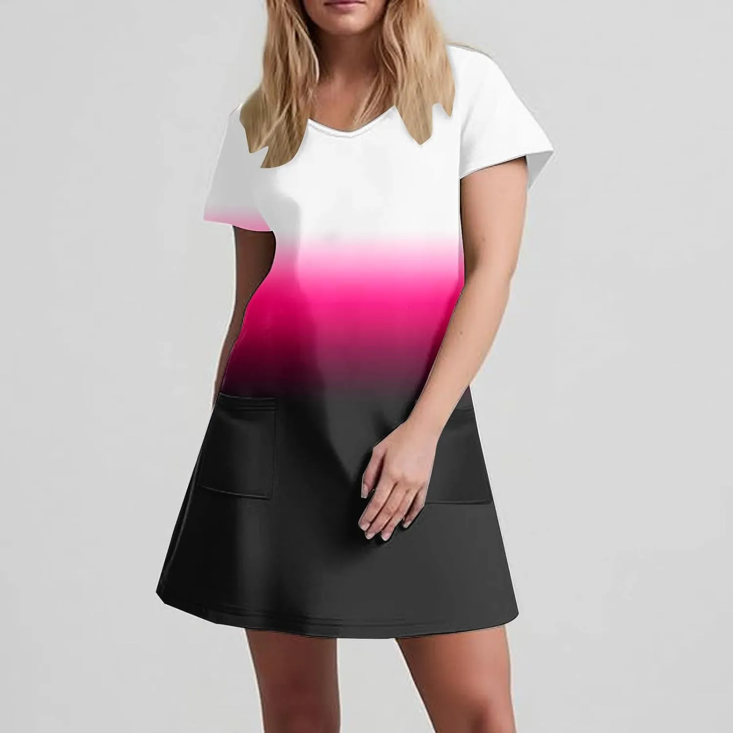 Womens Summer Dresses Fashion Casual Short Sleeve V Neck Soft Loose Flowy Short Dress Beach Sundresses with Pocket
