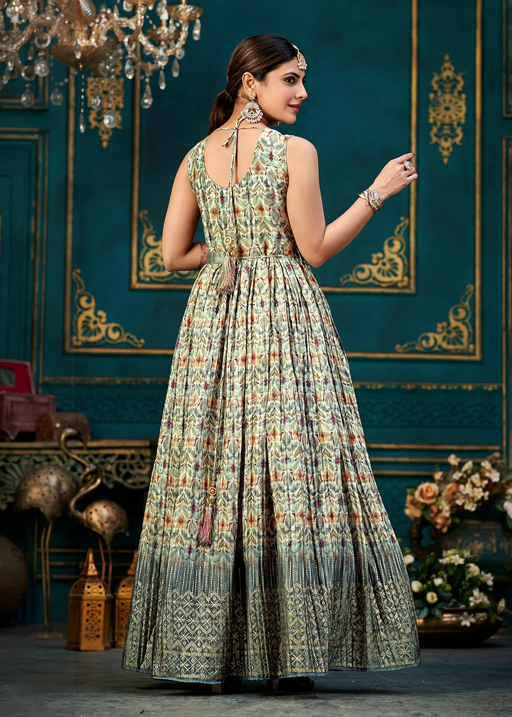 Zesty Multicolor Digital Foil Printed Ready to Wear Gown