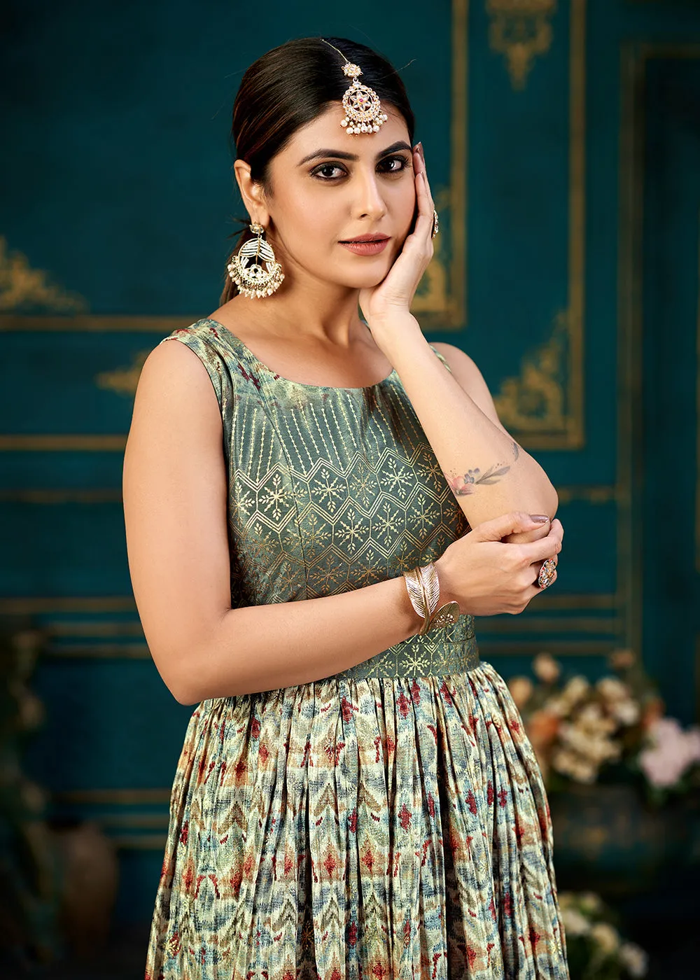 Zesty Multicolor Digital Foil Printed Ready to Wear Gown